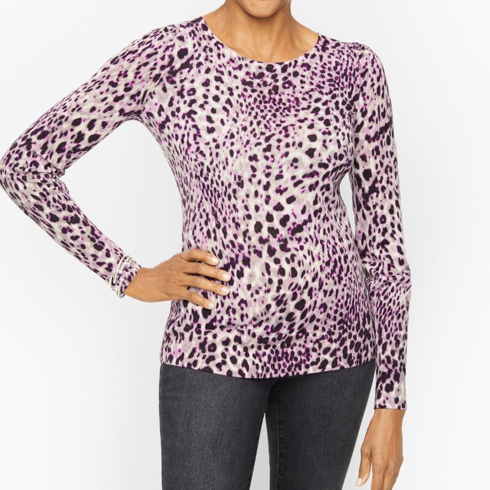 Talbots Merino Wool Puff Sleeve‎ Sweater Animal Print Ivory Violet Tulle Size XS